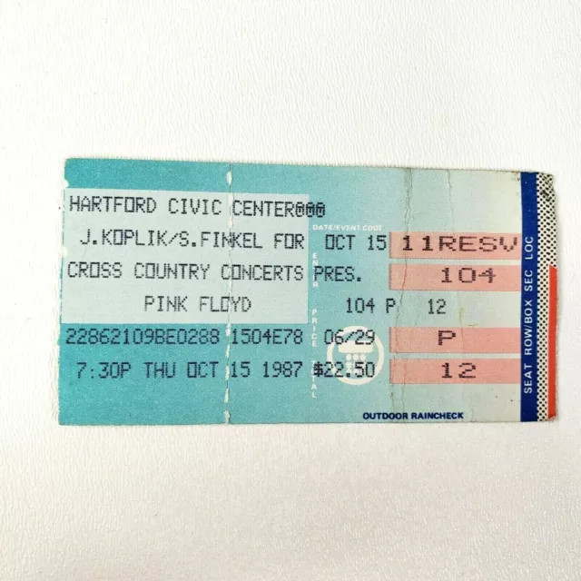 Vintage Pink Floyd Ticket Stub October 15 1987 Connecticut Hartford Civic Center