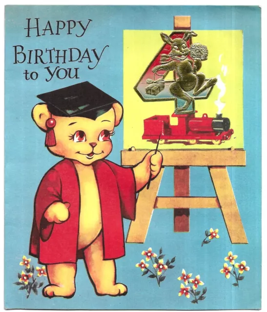 Vintage Pop Up Greetings Birthday Card Anthropomorphic Bear Teacher Chimes 1940s