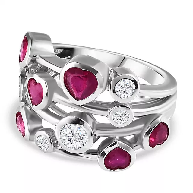 TJC Heart Shape Ruby and Moissanite Cluster Ring in Sterling Silver Wt. 5.96 GM