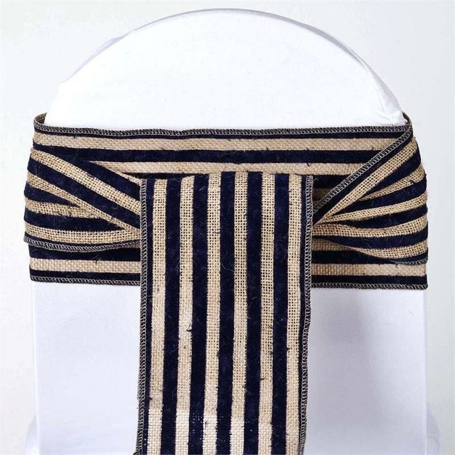 5PCS X CHAMBURY CASA Splendid Burlap Chair Sash Natural Tone + Navy Stripes For