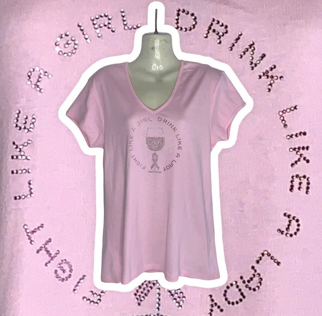 Breast Cancer Fight Like A Girl (L) Rhinestone Pink Wine Shirt Women's V Neck