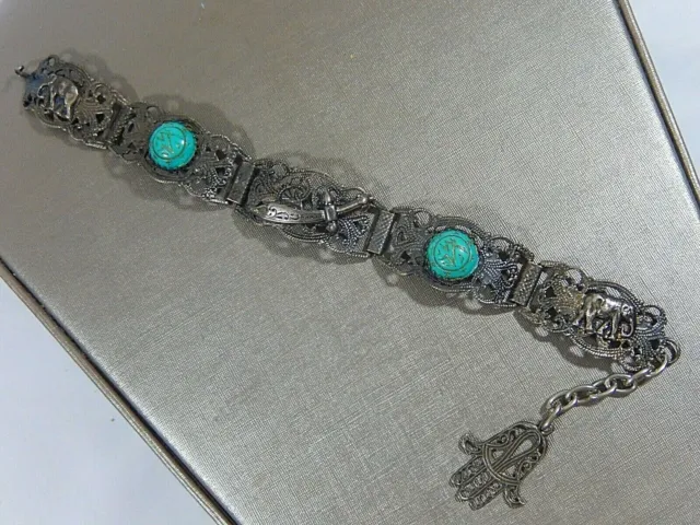 50's MIDDLE EASTERN SILVER METAL CARVED TURQUOISE GLASS ELEPHANT HAMSA BRACELET