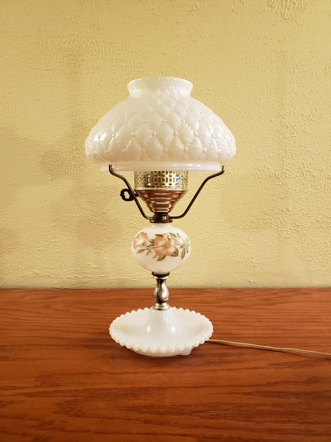 Vintage Milk Glass Hurricane Lamp Pink Floral Diamond Quilt  Shade Farmhouse