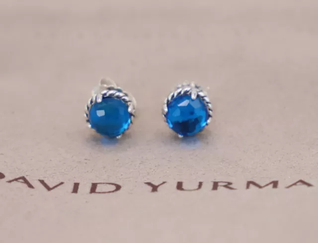 David Yurman Sterling Silver 8mm Petite Chatelaine Stud Earrings Blue Topaz 925 3