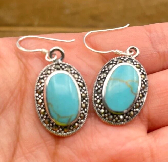 Turquoise Marcasite Designer Sterling Silver 925 Earrings 7g BBM491