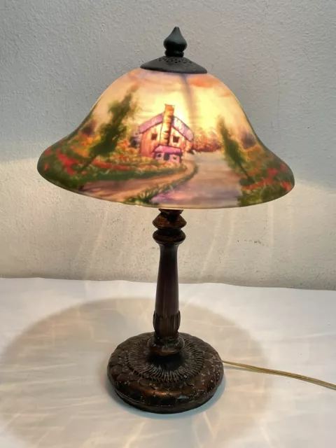 Antique Reserve Hand Painted Glass Shade Table Lamp ~ The House and Trees