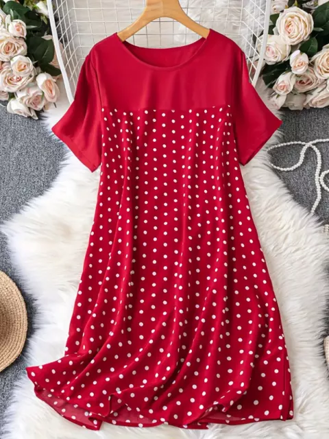 New Plus Size 20 22  26 Ladies Elegant Red White Polka Dot A Line Dress Curve