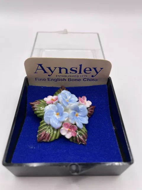 Aynsley Fine English Bone China Brooch In Box Floral Pansies Blue Pink Porcelain