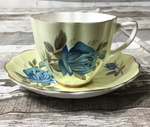 Crownford Vintage Bone England Fine Bone China Blue Rose Teacup Saucer Gold Trim