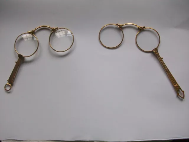 2x Antike Stielbrille Lorgnette Lorgnon Klappbrille vergoldet Punze Jugendstil