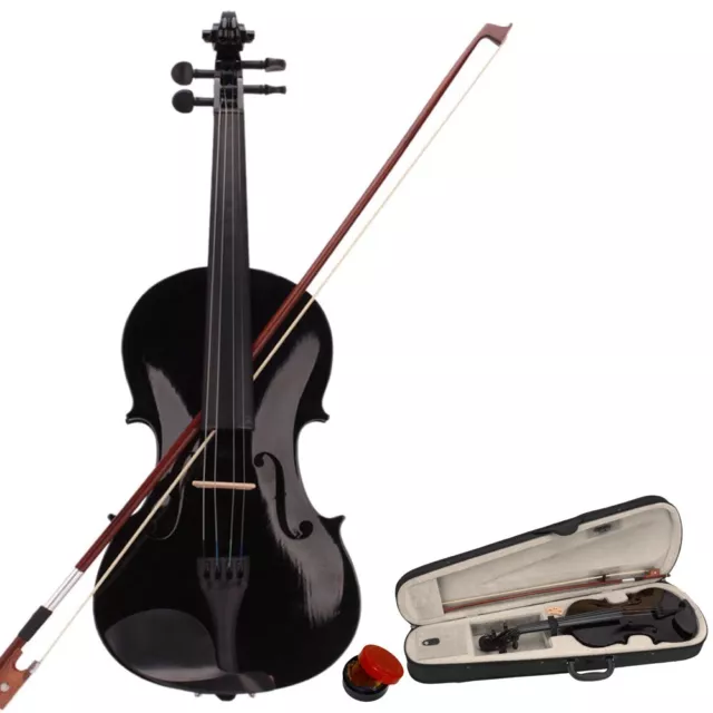 4/4 Full-Size Black Acoustic Violin Set With Case+ Bow +Rosin For Student Adult