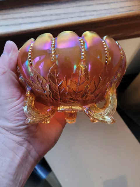 Dark Northwood Marigold Carnival Glass Leaf & Beads Rose Bowl WOW COLOR!!!!