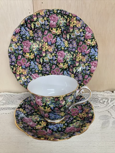 Vintage Royal Standard Blcak Floral Chintz Trio Set ~Htf~