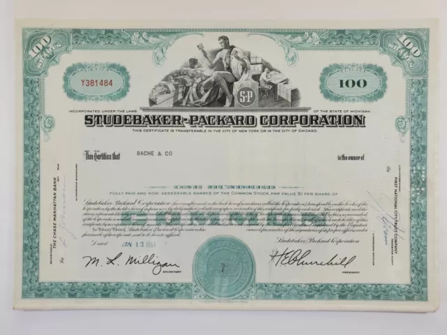 Studebaker-Packard Corporation Common Stock Certificate 1961 100 Shares $1 Each
