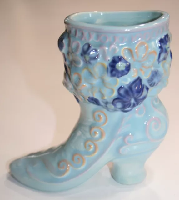Vintage Hand Painted Ceramic Boot Blue Floral Shoe Vase Blue 6" figurine