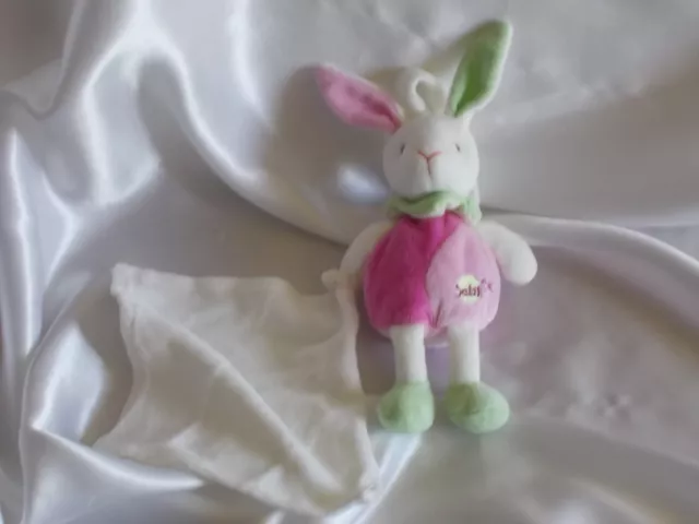 Doudou lapin blanc rose et vert, mouchoir blanc, Baby Nat, (Babynat)