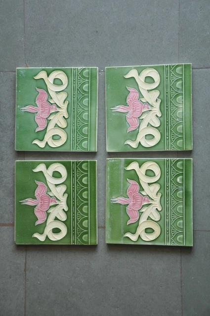 4 Pc Vintage Majolica Decorative Flower Art Nouveau Architecture Tiles,Japan 2