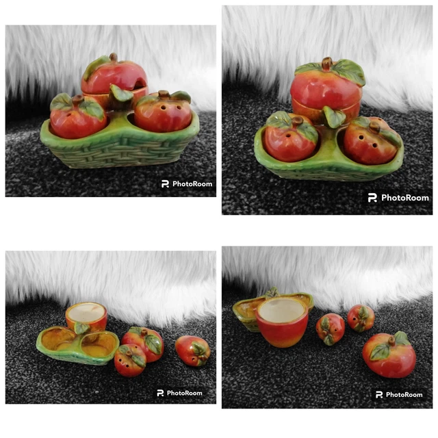 VINTAGE JAPANESE CONDIMENT Set Salt Pepper Shakers Mustard Pot Apples