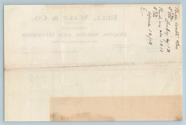 BILLHEAD RECEIPT Bell Walt & Co Boots Shoes and Rubbers Feb 6 1913 Philadelphia 2