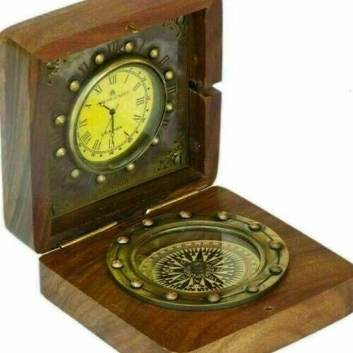 Antique Brass Nautical Wooden Desk Compass With Maritime Clock Gift Desk Pocket