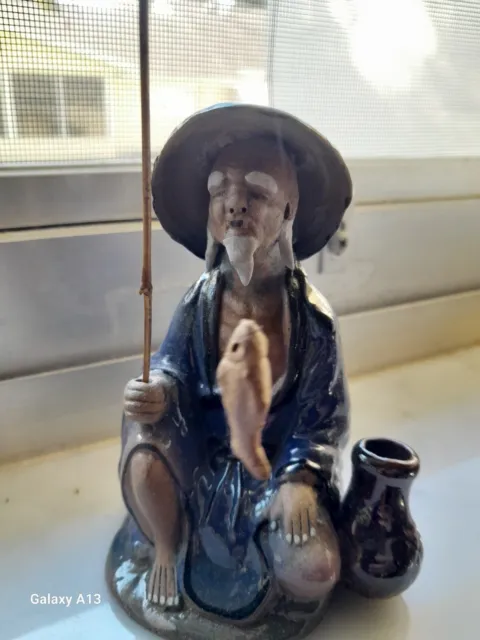 Chinese Fisherman 1950s  Old Wise Man Clay Pottery Figurine Fishing VTG