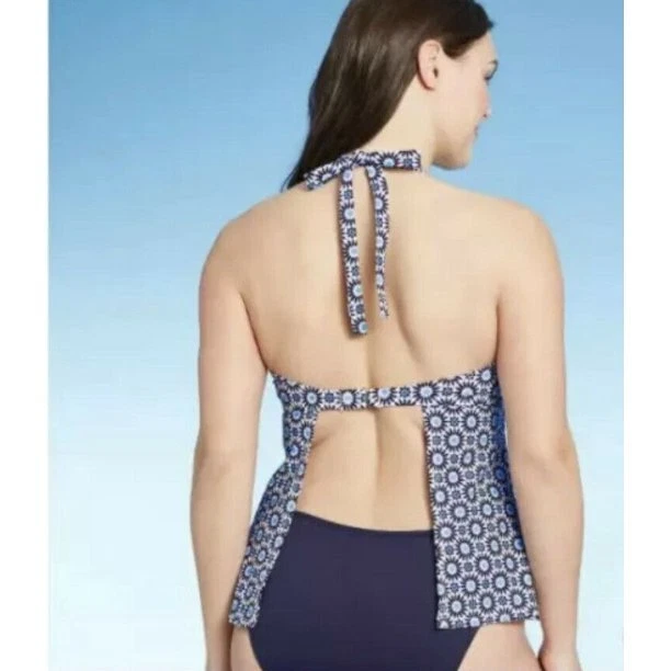 Kona Sol Women's Apron Back Tankini Top - (Large, Blue Floral)