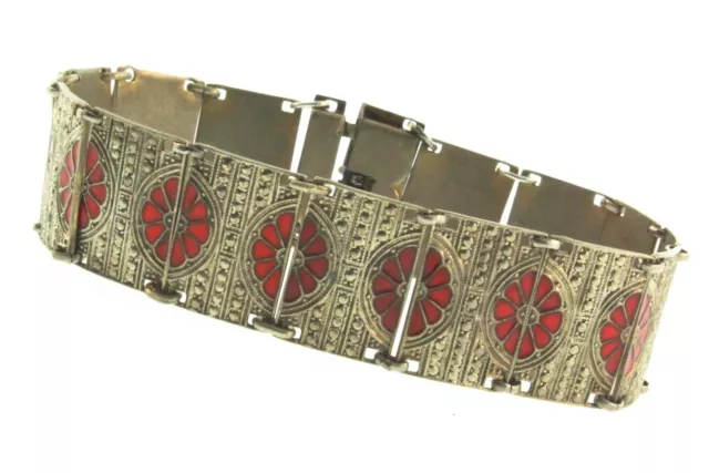 Vtg ART DECO 1930s German 800 Silver Am Dbl Red Enamel Panel BRACELET