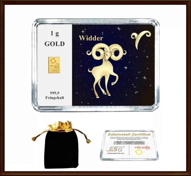 1g Gramm Gold Barren in Motiv Box "Sternzeichen Widder" als Geburtstag Geschenk