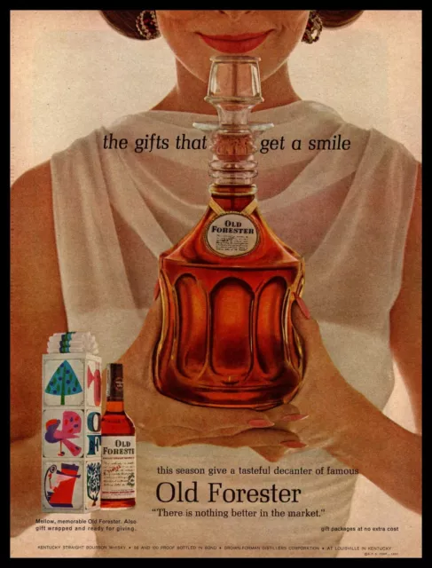 1963 Old Forester Bourbon Whiskey Christmas Box Gift Decanter Vintage Print Ad
