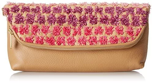 NWT Fossil Pink Multi Preston Leather/Straw Fold-over Pouch with Wristlet $128