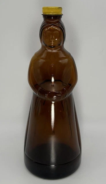 1975 MRS BUTTERWORTH'S Amber 24 oz GLASS SYRUP BOTTLE METAL LID VINTAGE 10”