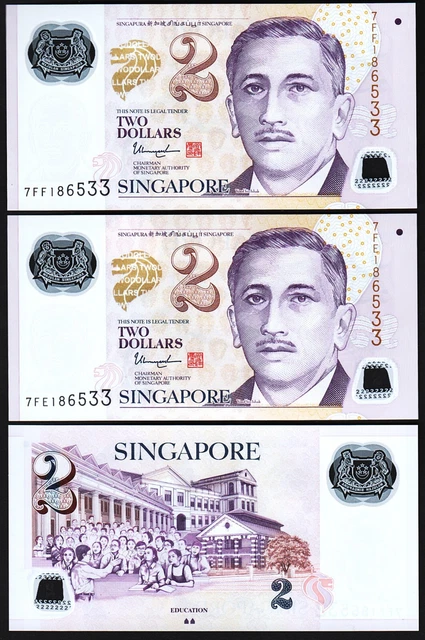 Singapore 2 Dollars 2022, UNC, 2 PCS MATCHING (Same) Serial, P-New