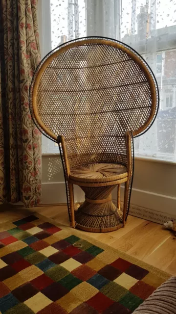 Large Retro Vintage Peacock Wicker Cane Rattan Chair