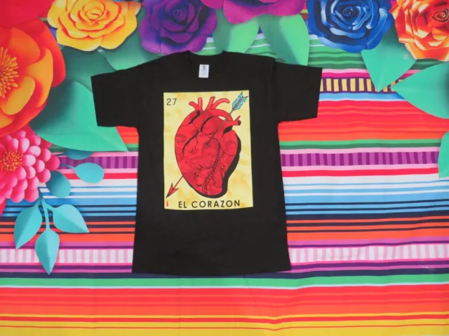 El Corazon Loteria Mexican Bingo Arts Humor T-Shirt Novelty Funny Tee Black New