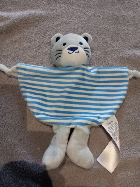 Doudou Tom Et Kiddy Chat Tigre Plat Raye Bleu Blanc Bisous D'ange Gris
