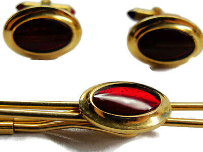 Cufflinks Set Krementz Correct Quality Yellow Gold Plated Red Match Tie Bar Vtg