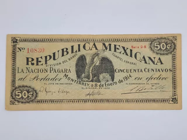 1914 Nuevo León, Mexico 50 Centavos Banknote - Divison del Bravo - P# 936c