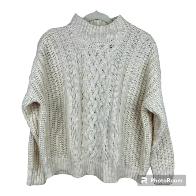 Forever 21 Contemporary Cable Knit Sweater Jr’s Small Beige Mock Neck Oversized