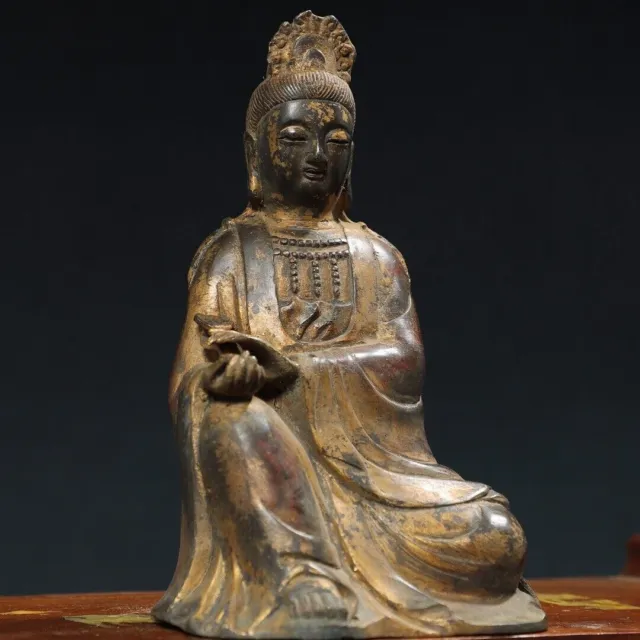 8.7" Old Antique Tibetan Buddhism temple Bronze gilt Guanyin Bodhisattva statue