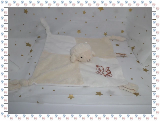 ③ - Doudou Plat Carré Mouton Agneau Blanc Ecru Bébé Brodé  Rodadou Roda
