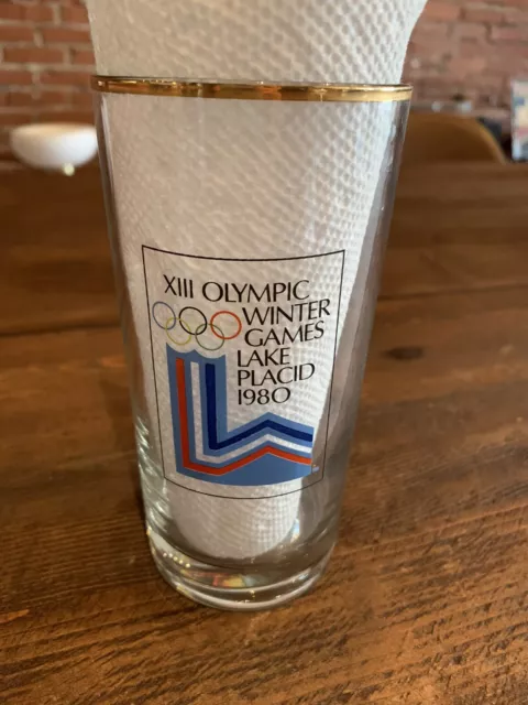 Rare Vintage Lake Placid USA Miracle On Ice Hockey 1980 Olympic Glass Gold Rim