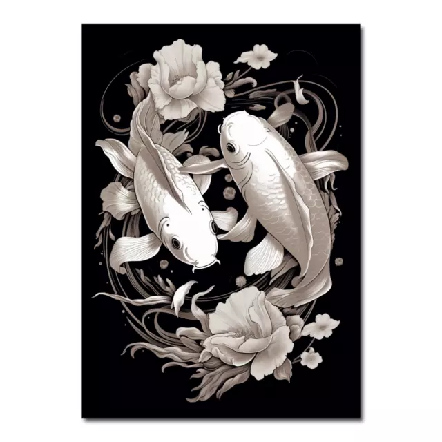 Black and White Japanese Koi Fish Wall Art Poster Print