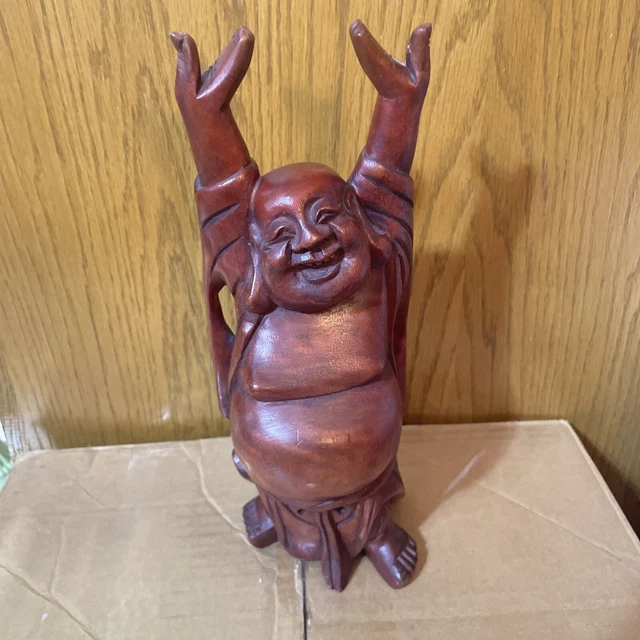 Vintage Wood Carving carved Wooden Happy Laugh Laughing Buddha Statue 12”x4 1/2”