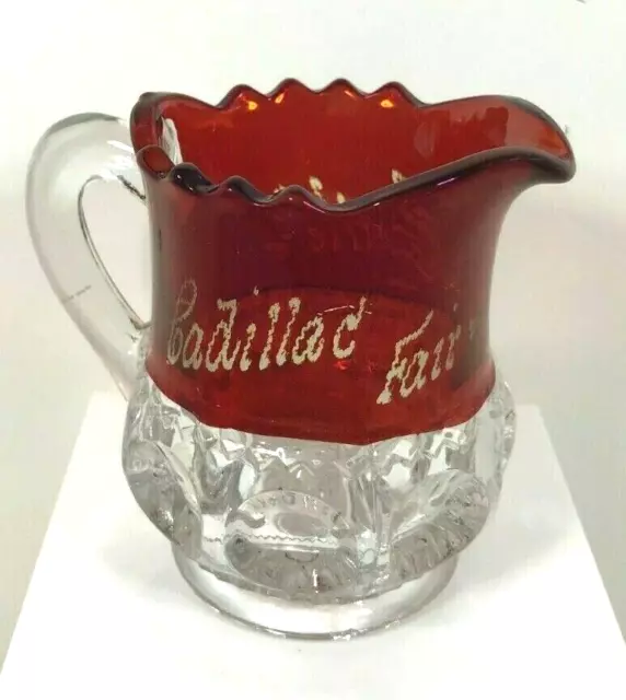 Antique Cadillac Fair Souvenir EAPG Ruby Flash Glass Creamer Myrtle 1908