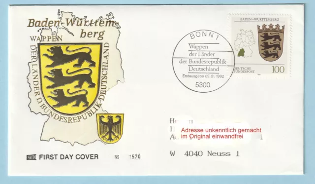 Bund / BRD MiNr. 1586 FDC, - Wappen Baden Württemberg