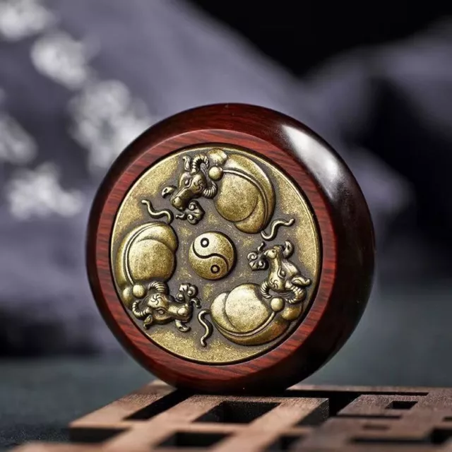 Vintage Sandalwood Bronze Rotating Bull Turn Qiankun Collection Crafts