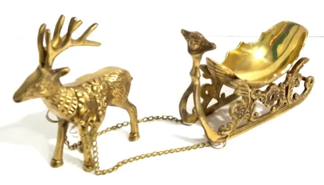 Reindeer and Santa Sleigh Solid Brass Christmas Vintage Gato Made in India