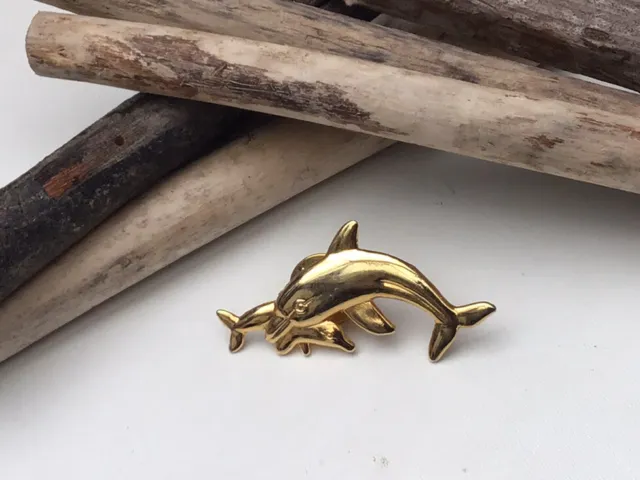 Gold Tone Dolphin Ace Stamp Stamped Brooch Pin Costume Jewellery