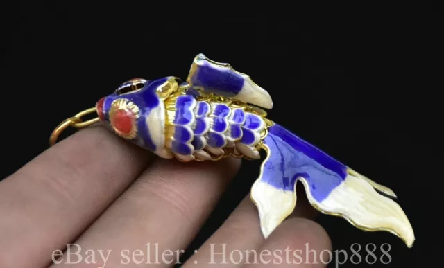 2.4" Old Chinese Copper Cloisonne Fengshui Year Fish Wealth Statue Sculpture