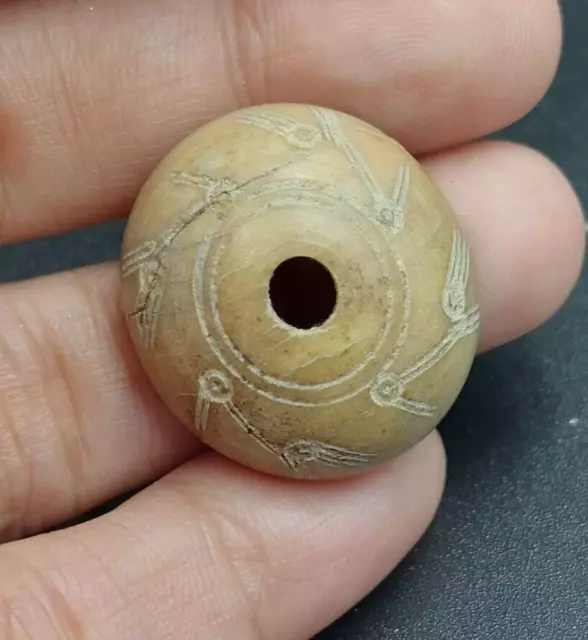 Ancient shell carve long lips bird spindle whorl bead dice  gambling amulet bead 3